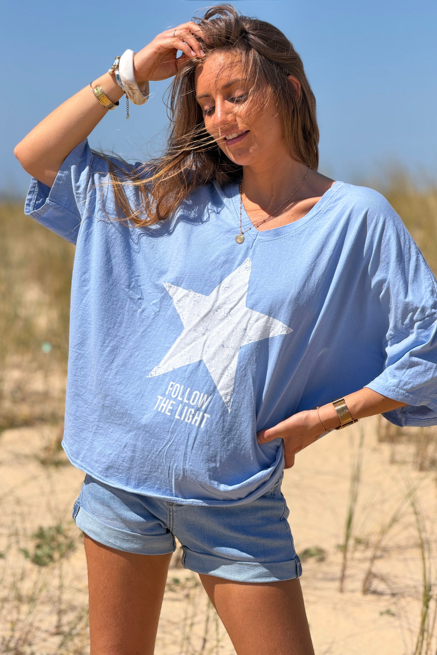 Blue “Follow the Light” Star Jersey Knit Top