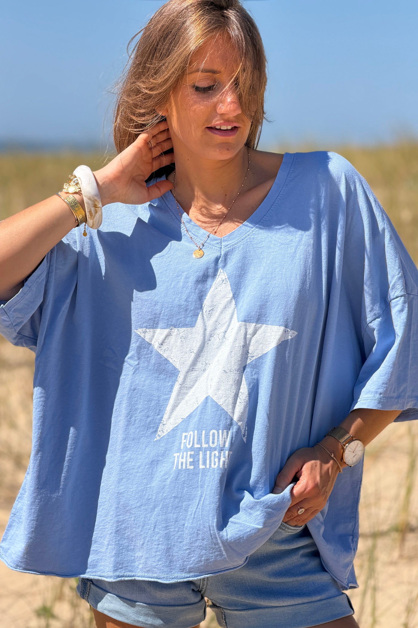 Blue “Follow the Light” Star Jersey Knit Top