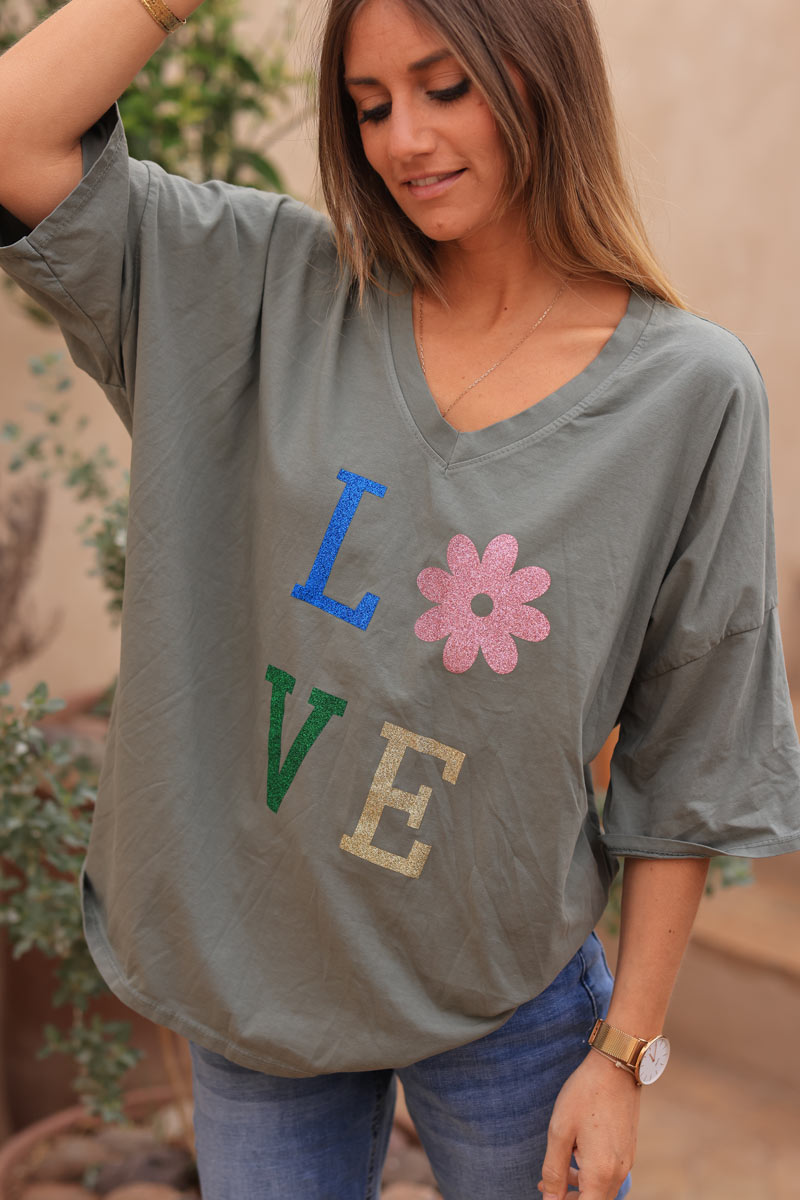 Khaki relaxed fit t-shirt with LOVE and flower in glitter print