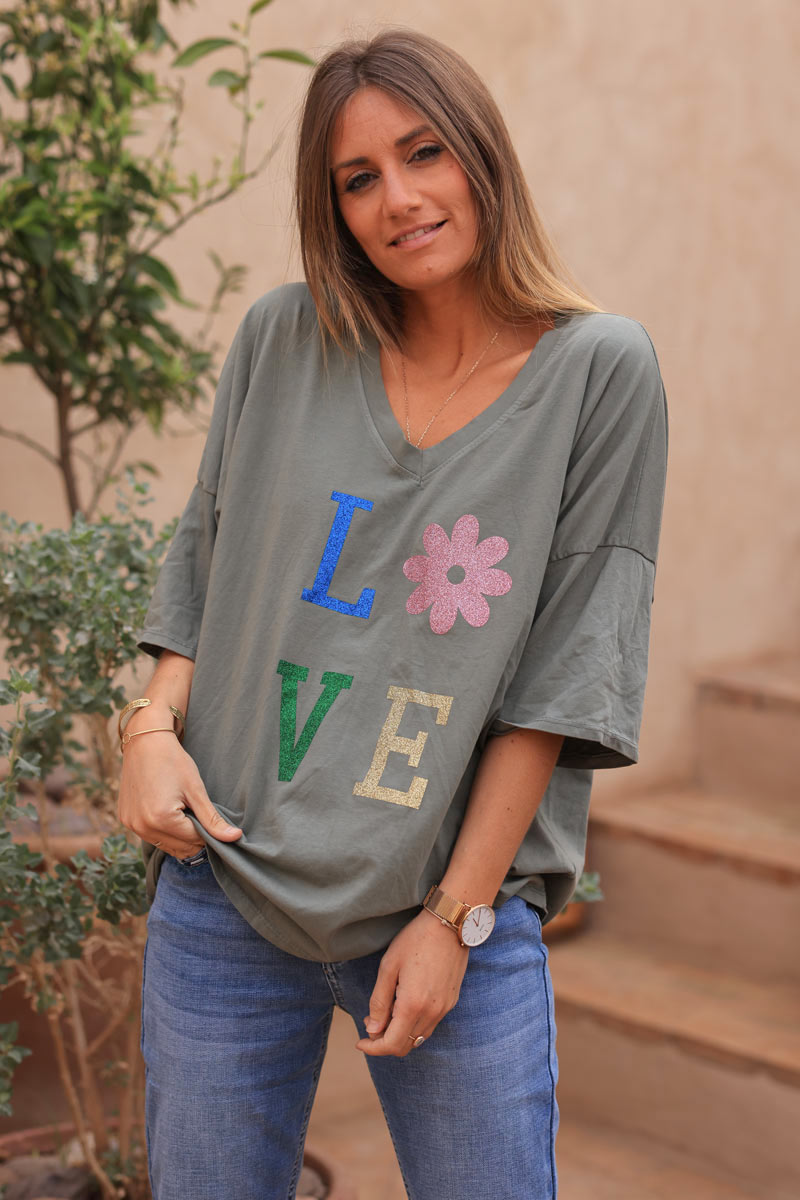 Khaki relaxed fit t-shirt with LOVE and flower in glitter print