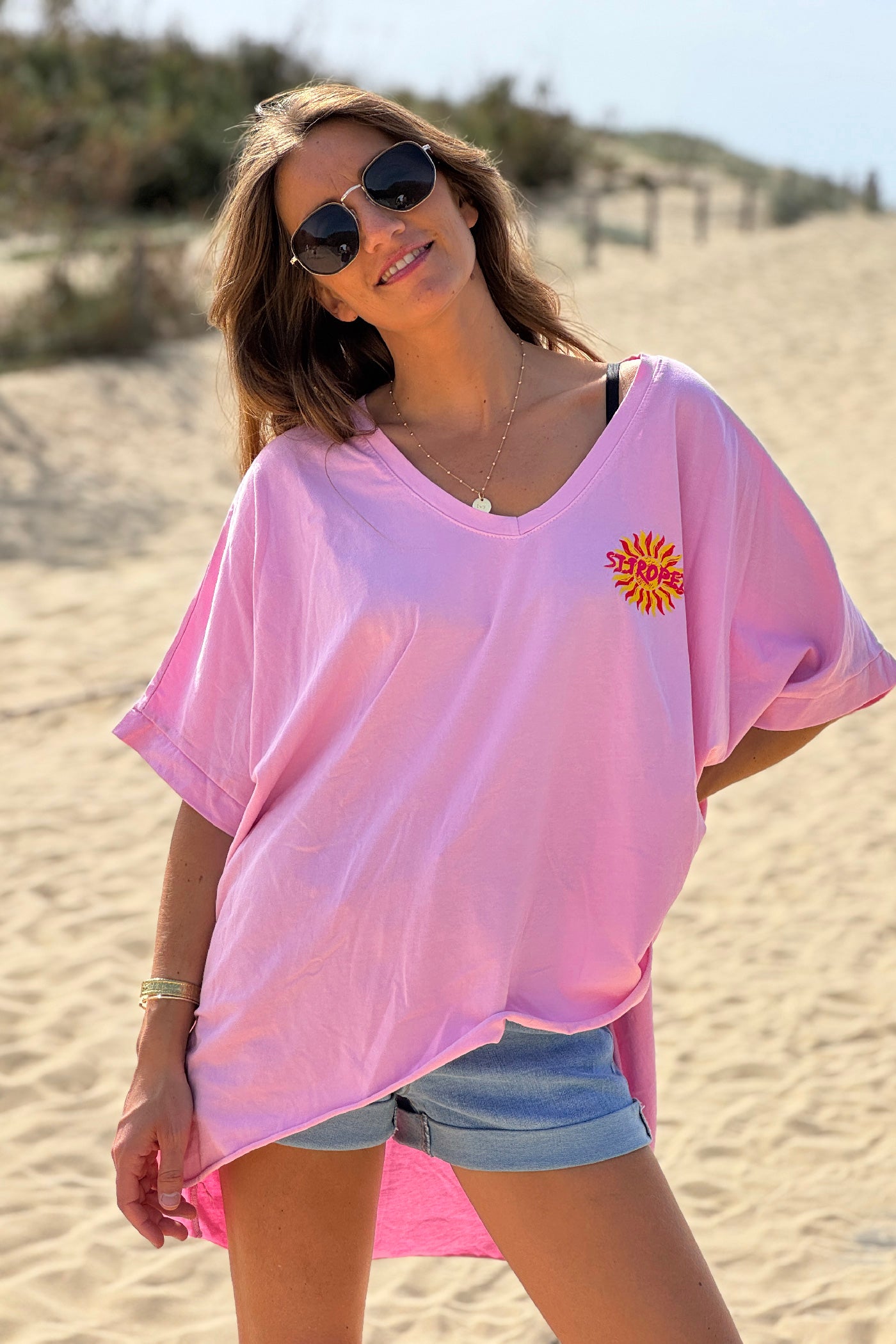 Tshirt loose oversize et stretch rose motif Soleil St tropez