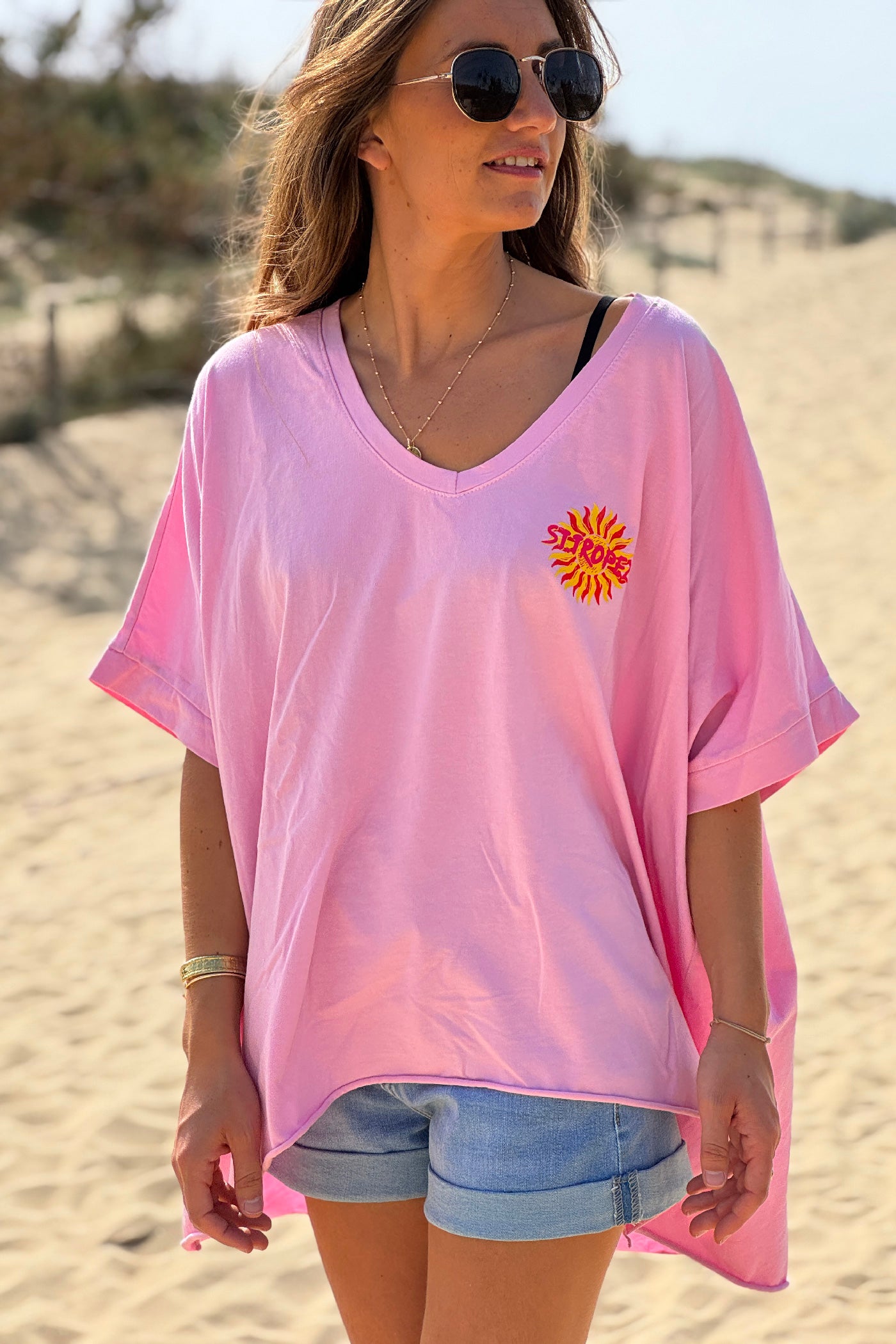 Tshirt loose oversize et stretch rose motif Soleil St tropez