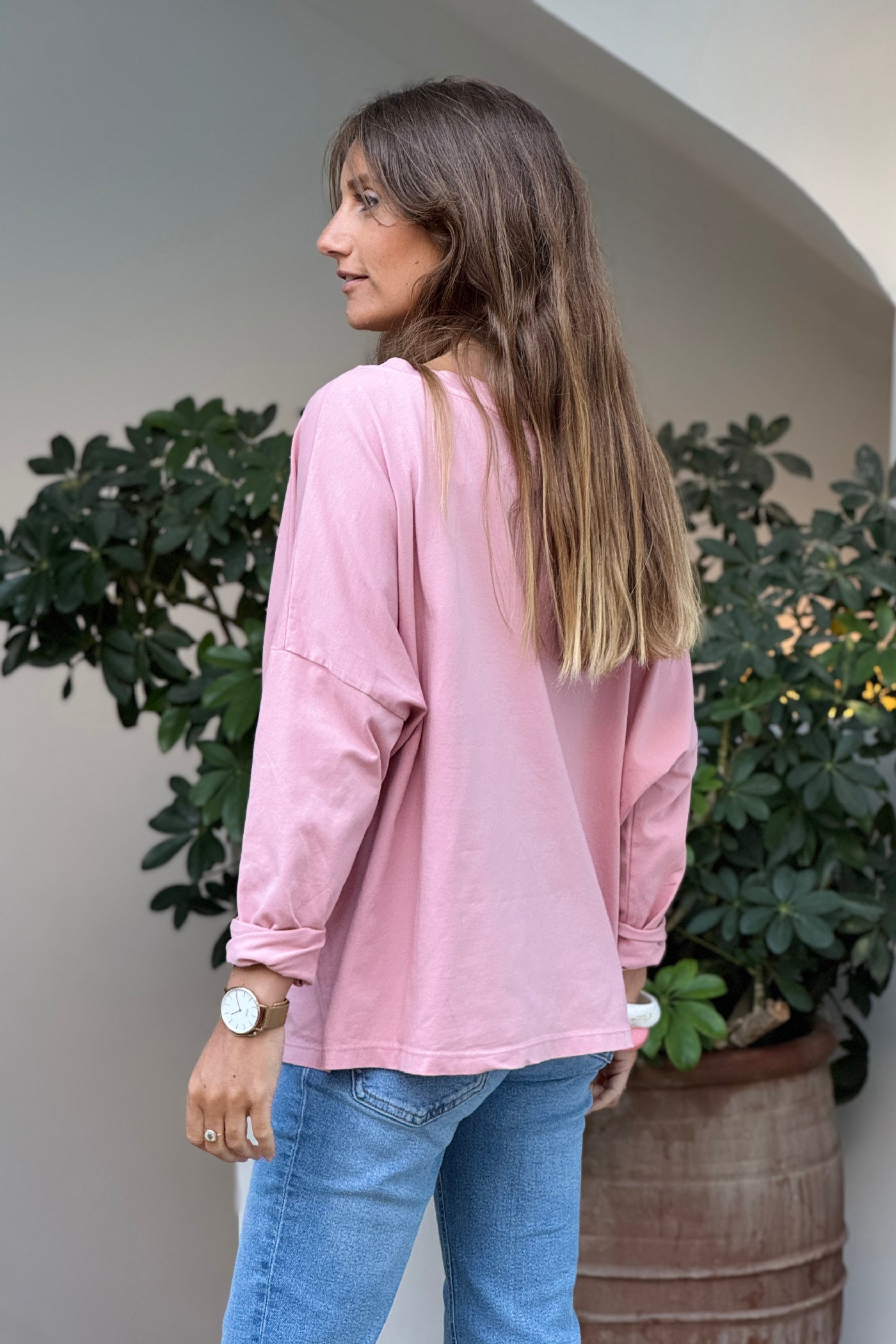 Baby Pink Boat Neck Long-Sleeve Jersey Tee
