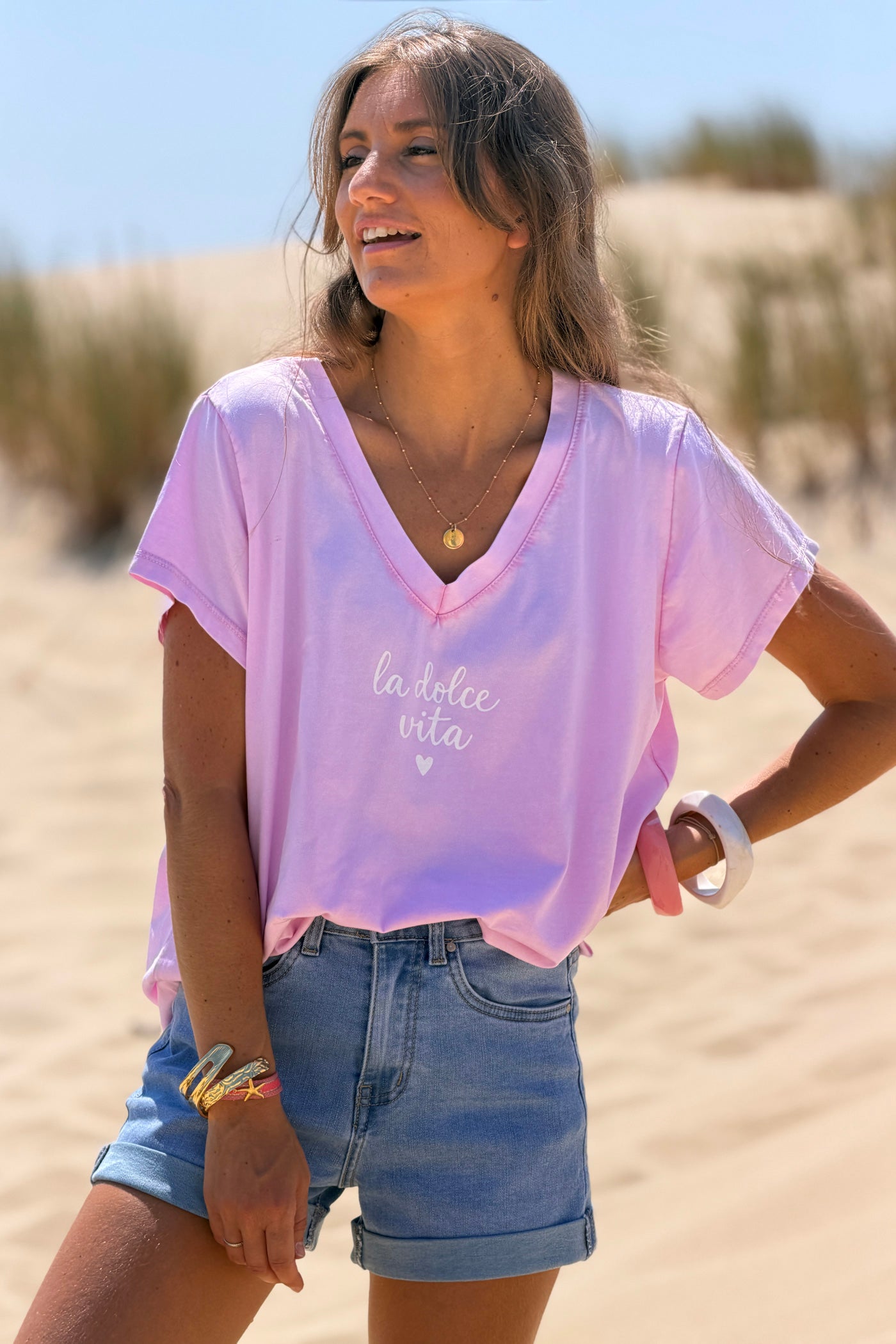 Tshirt rose en coton Dolce Vita col v