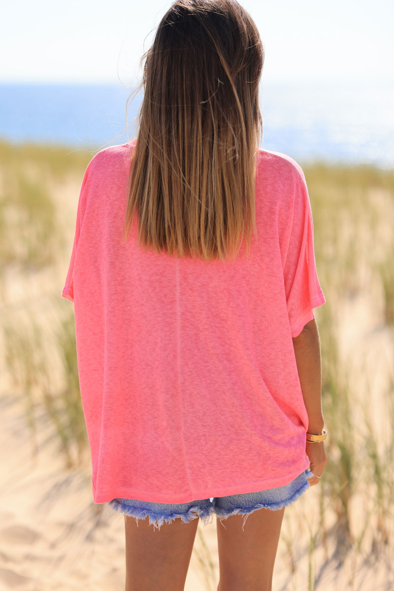 Tshirt rose fluo délavé souple large et loose manches courtes chauve souris
