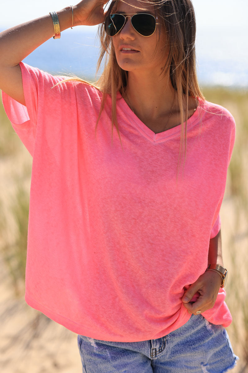 Tshirt rose fluo délavé souple large et loose manches courtes chauve souris
