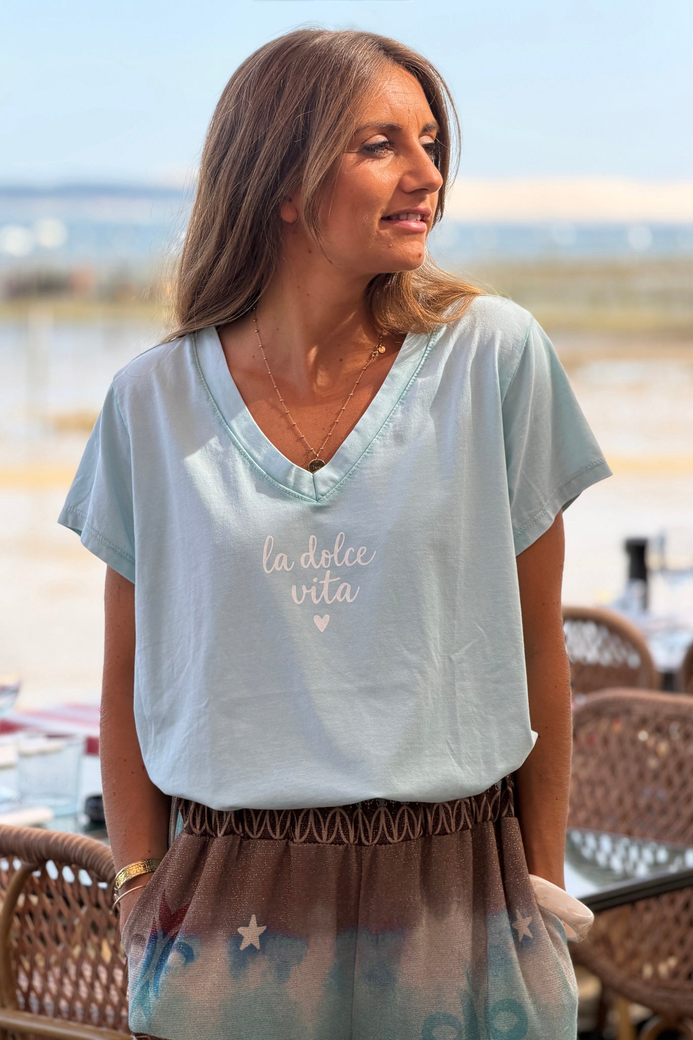 Light Green “La Dolce Vita” V-Neck Tee