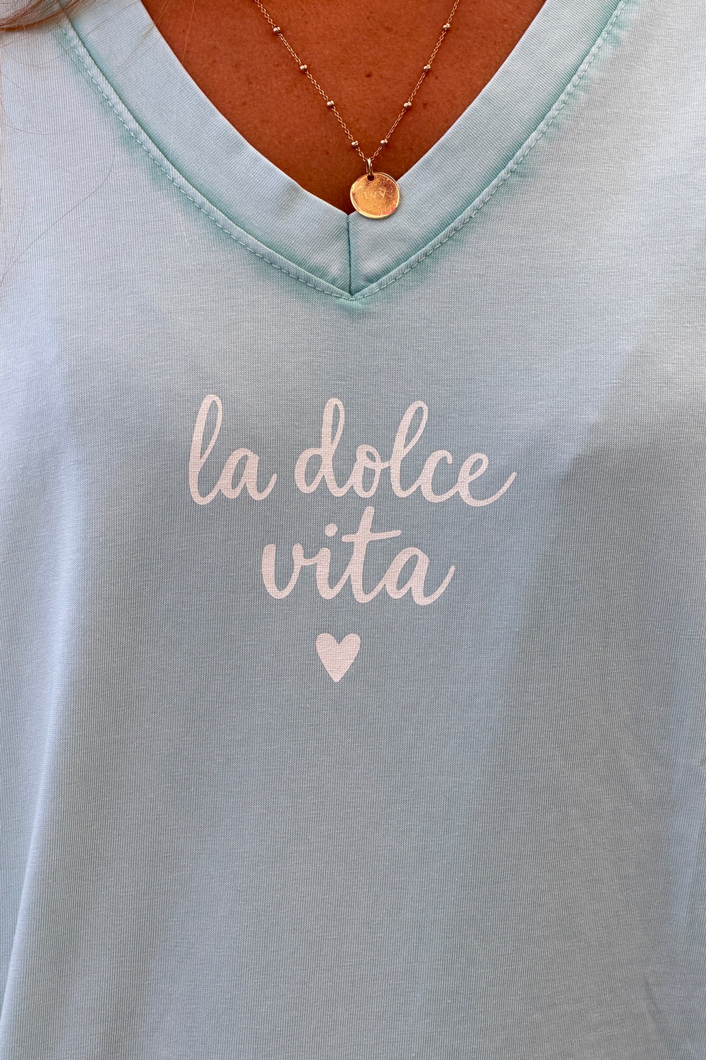 Light Green “La Dolce Vita” V-Neck Tee