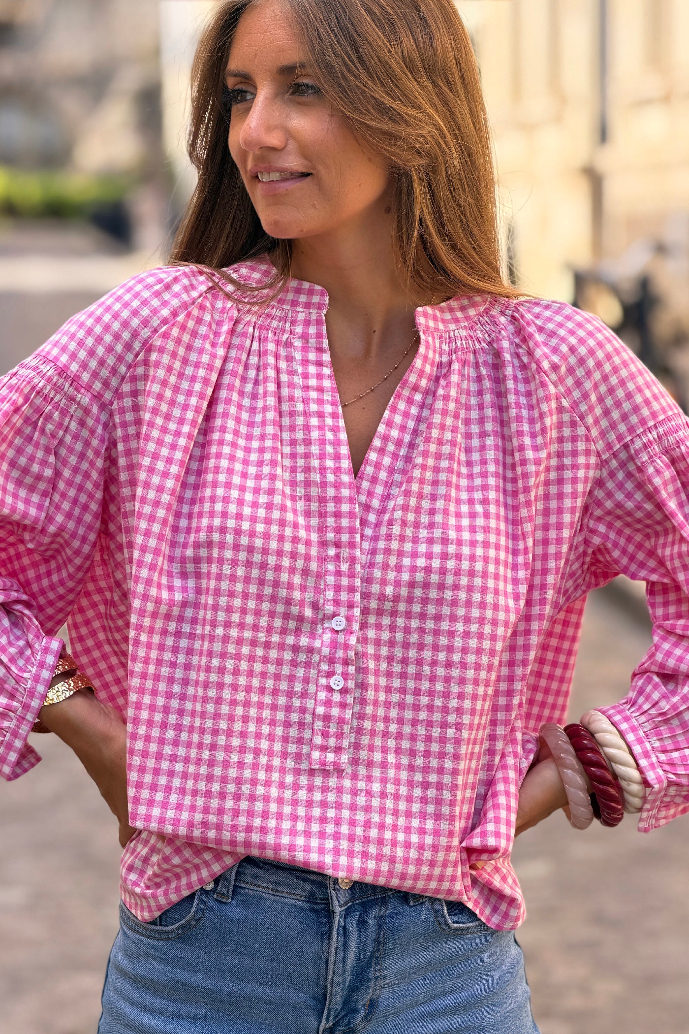 Tunique à carreaux vichy rose avec manches bouffantes