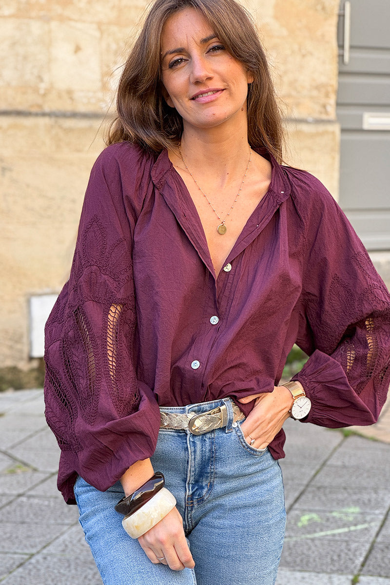 Burgundy Lotus Sleeve Poplin Blouse