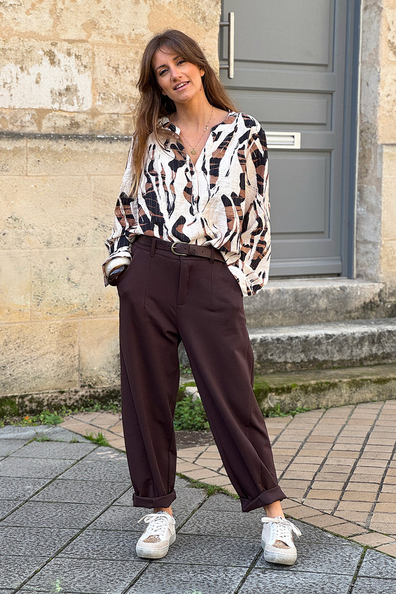 Beige Abstract Stripes Half-Placket Blouse