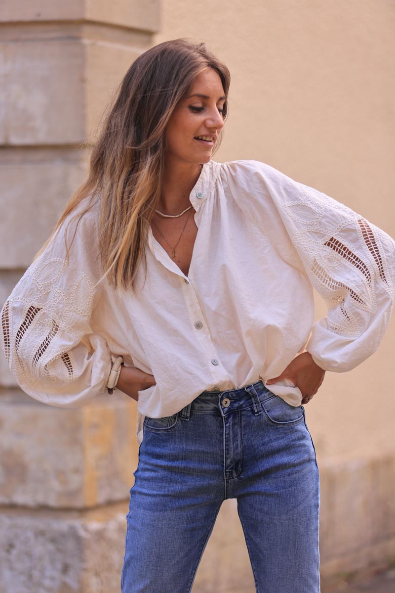 Cream Lotus Sleeve Poplin Blouse