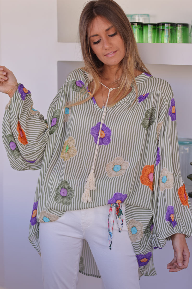 Floaty semi-sheer blouse with khaki stripes and colourful flower print
