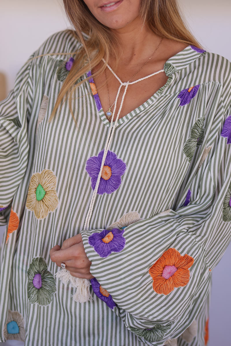 Floaty semi-sheer blouse with khaki stripes and colourful flower print