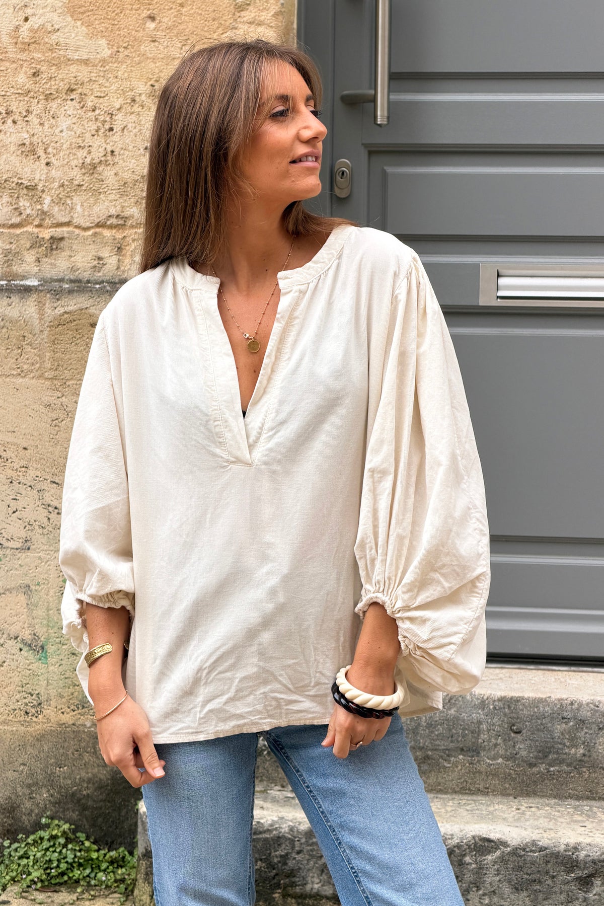 Beige Corduroy Peasant Blouse