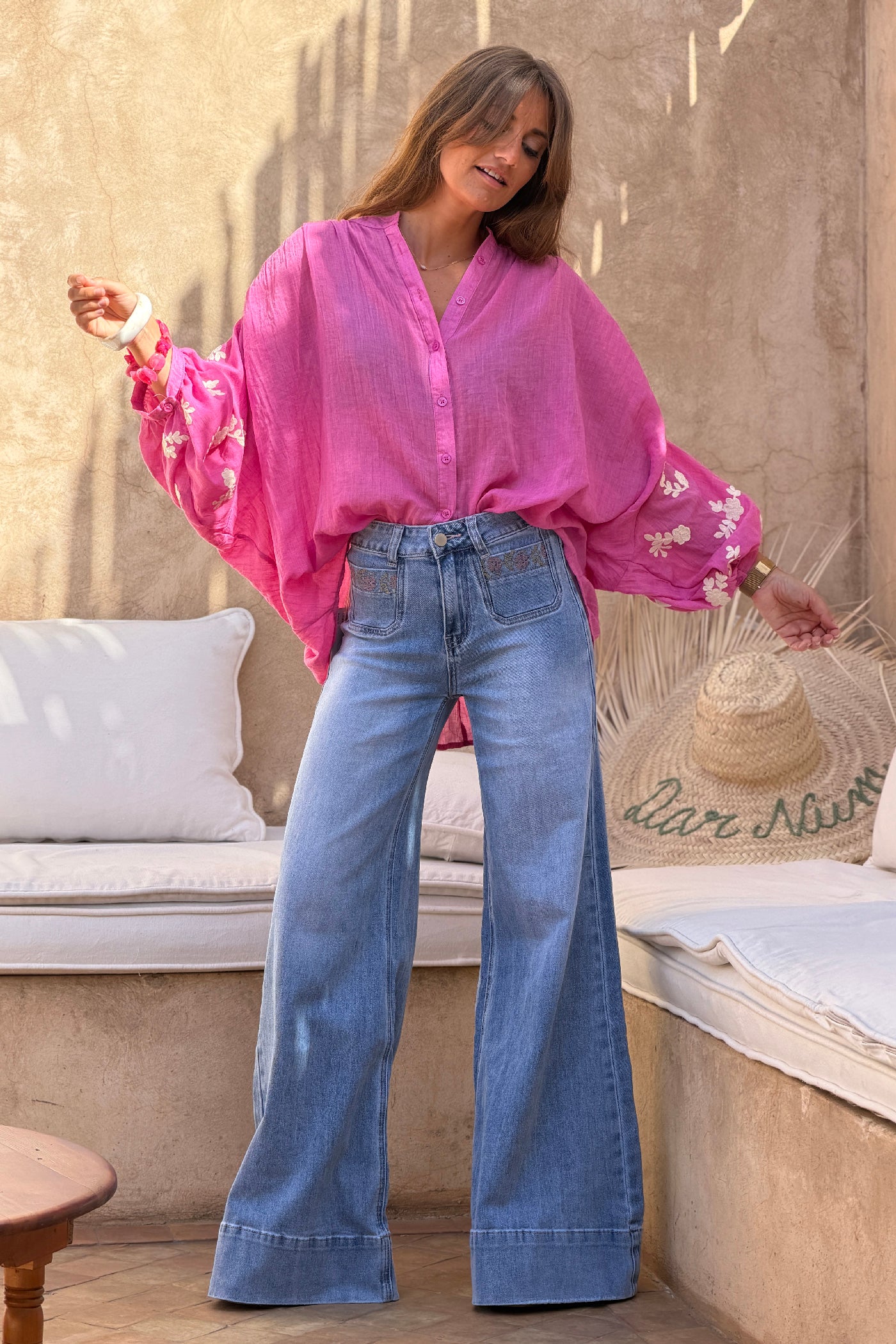 Fuchsia Floral Applique Cotton Blouson Top
