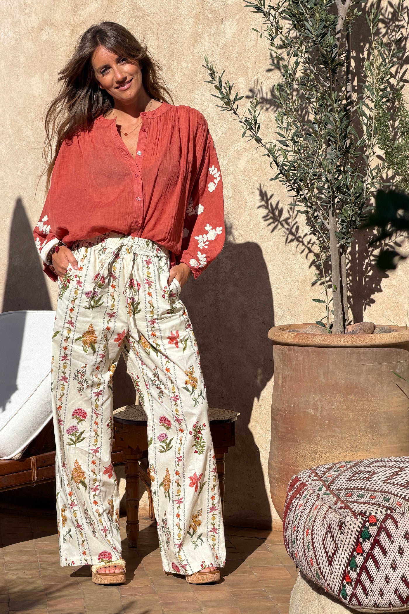 Terracotta Floral Applique Cotton Blouson Top