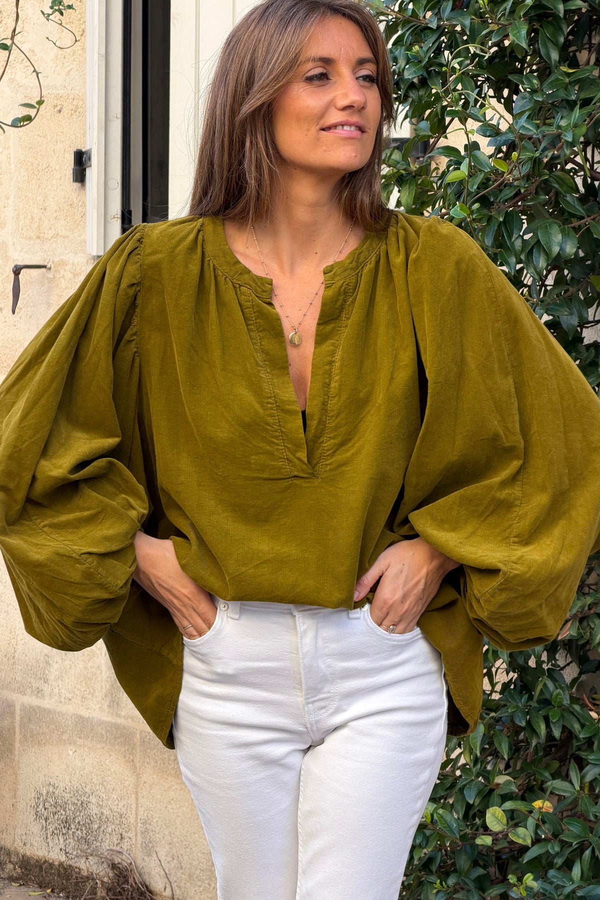 Moss Green Corduroy Peasant Blouse
