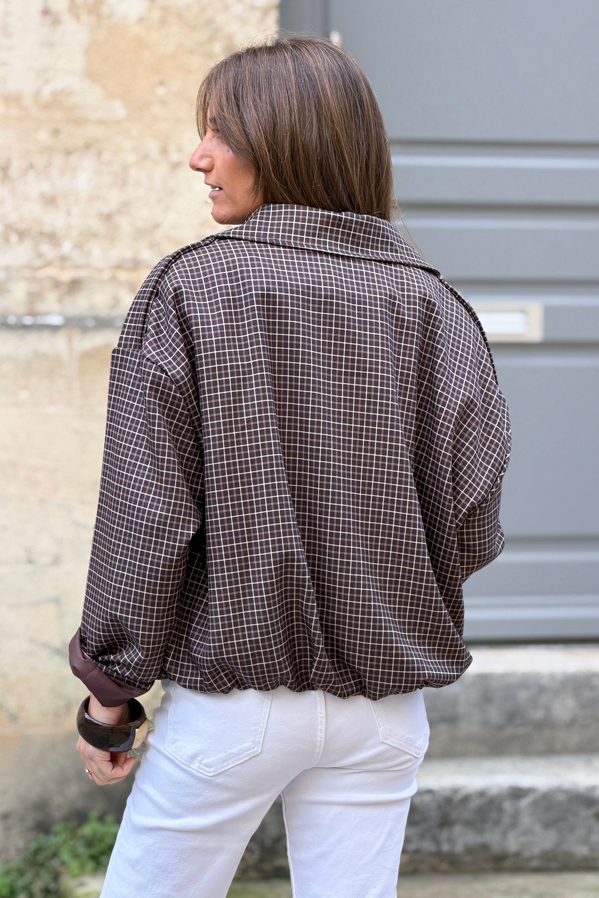 Veste à carreaux vichy marron fermeture zip et col