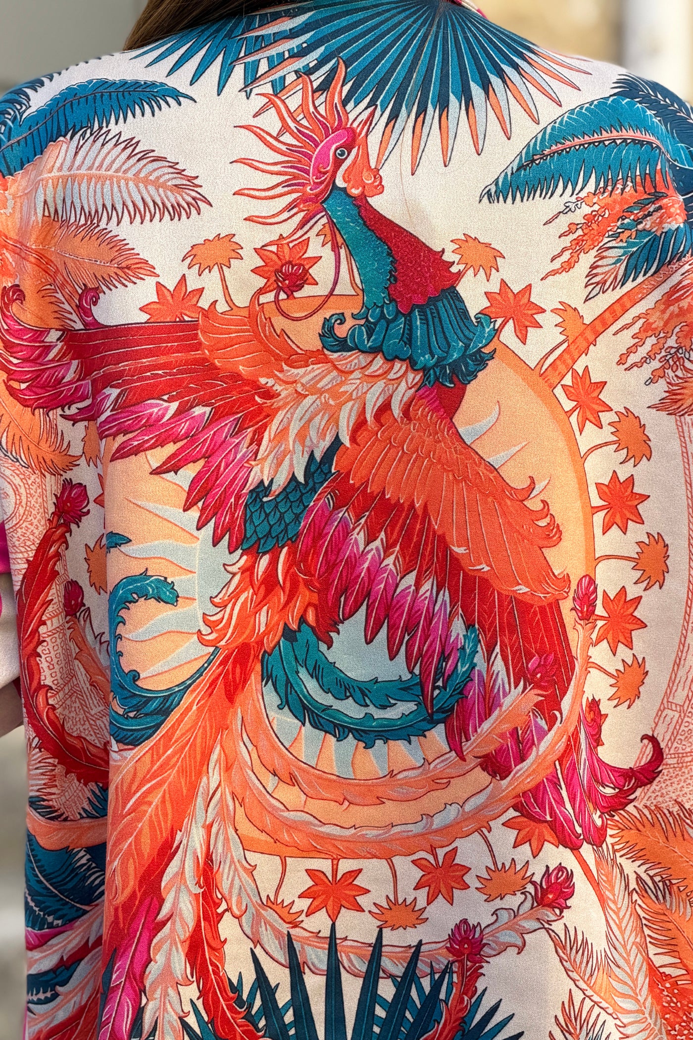 Veste blazer souple en suédine rayures fuchsia imprimé oiseaux abstraits colorés