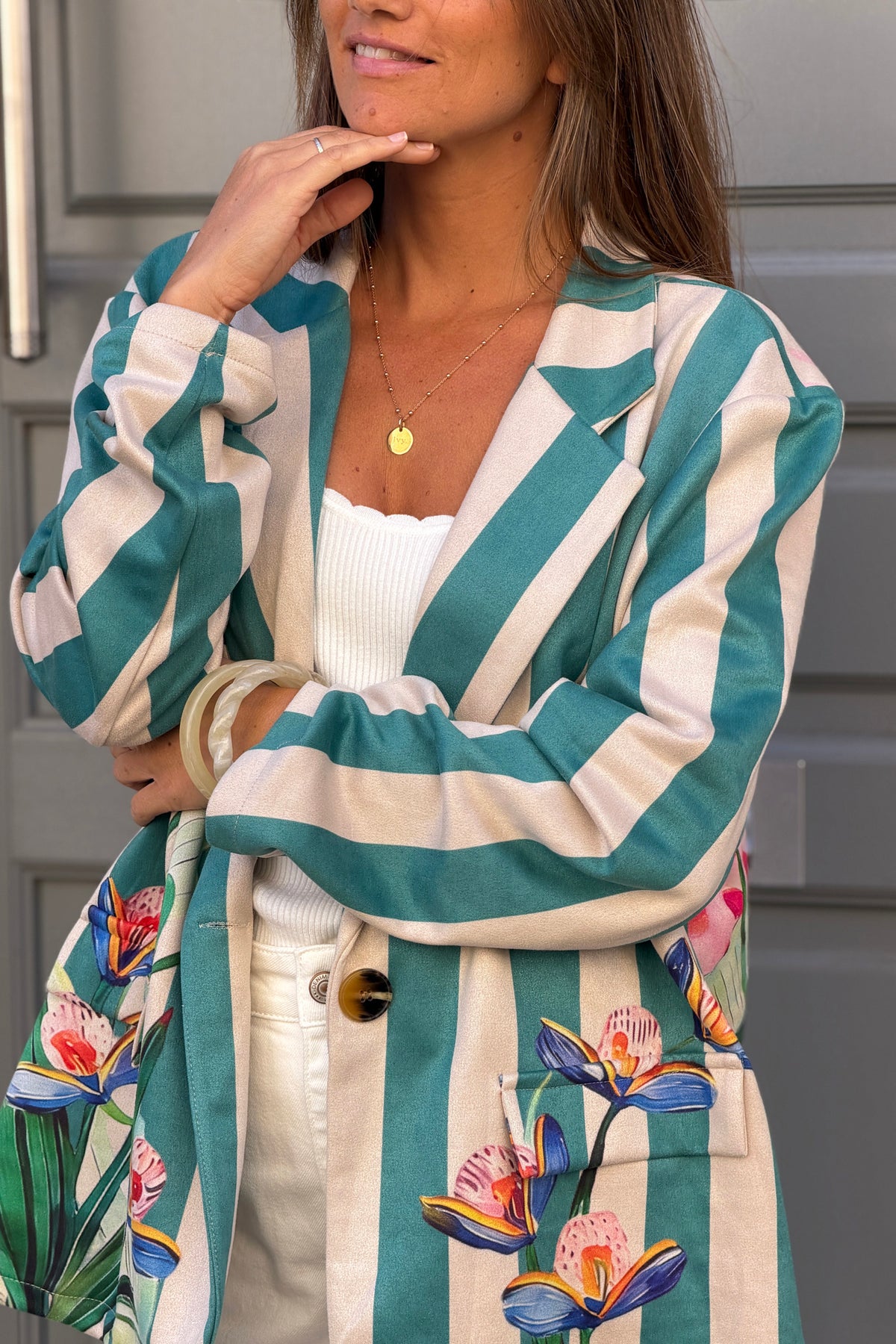 Veste blazer souple en suédine rayures turquoises imprimé fleurs et léopard