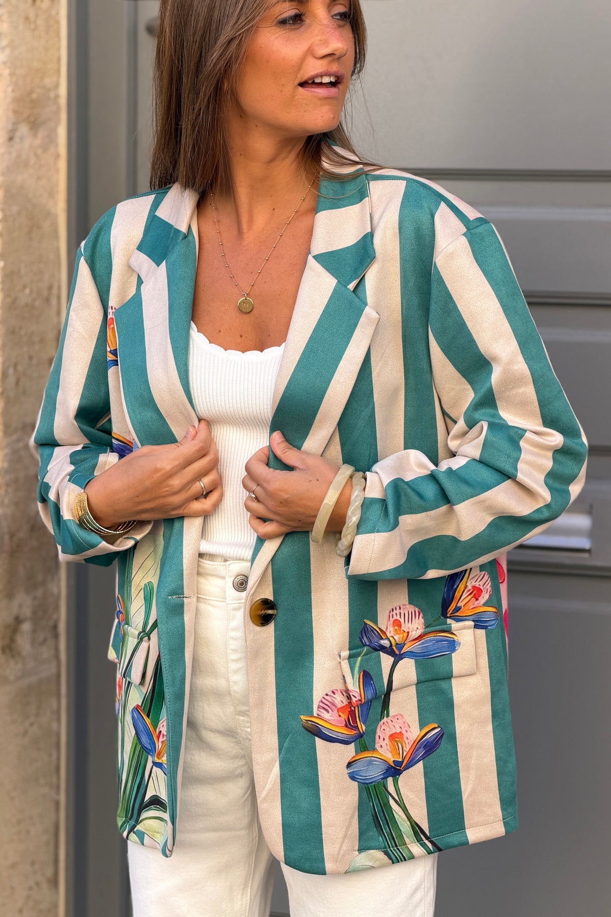 Veste blazer souple en suédine rayures turquoises imprimé fleurs et léopard