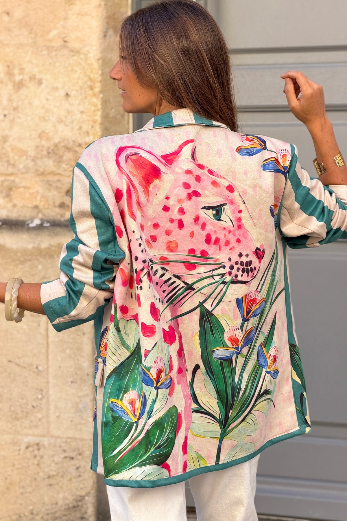 Veste blazer souple en suédine rayures turquoises imprimé fleurs et léopard
