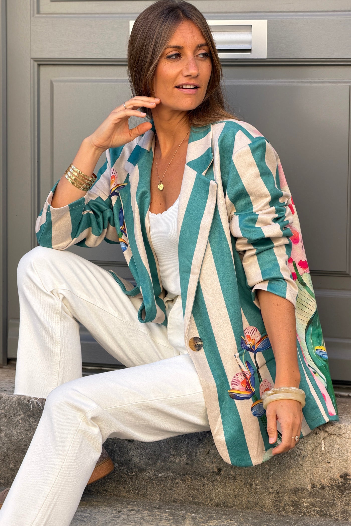 Veste blazer souple en suédine rayures turquoises imprimé fleurs et léopard