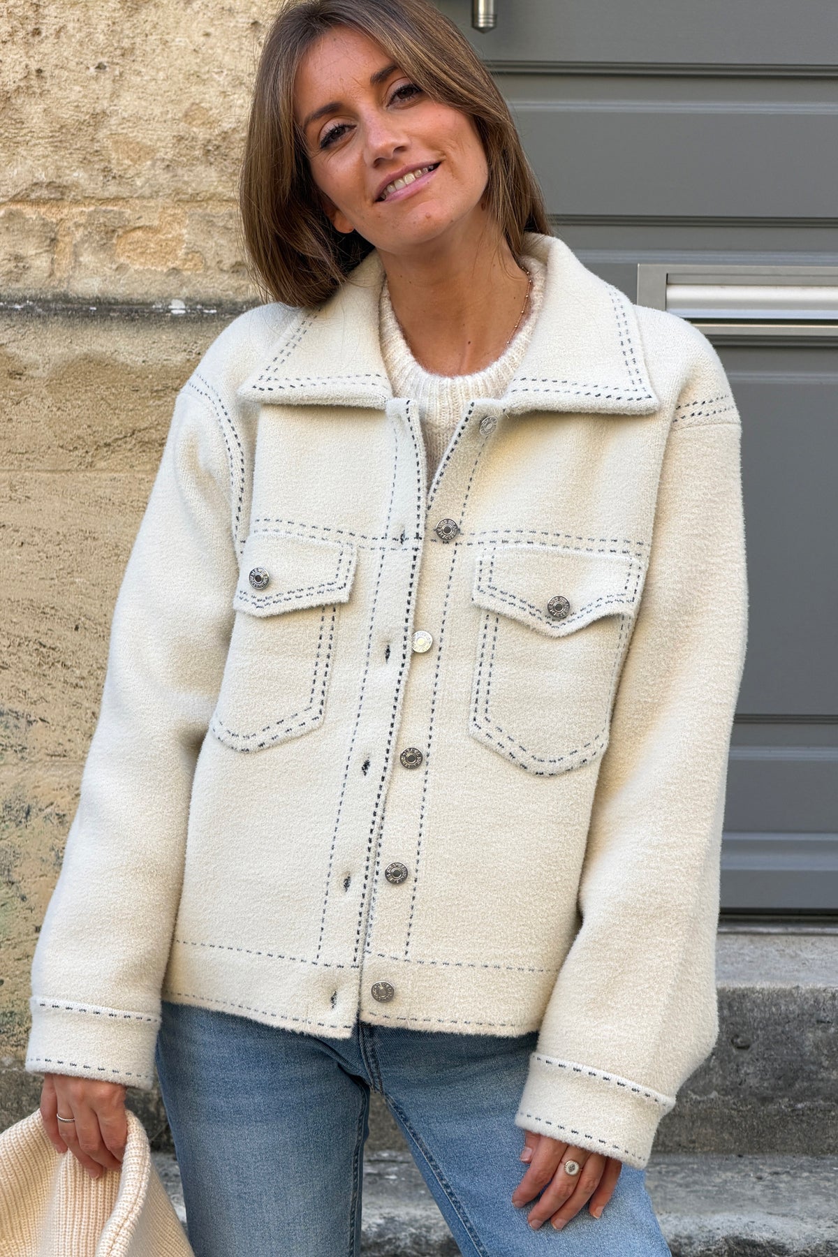 Cream Suedette Jacket with Ribbed Hoodie