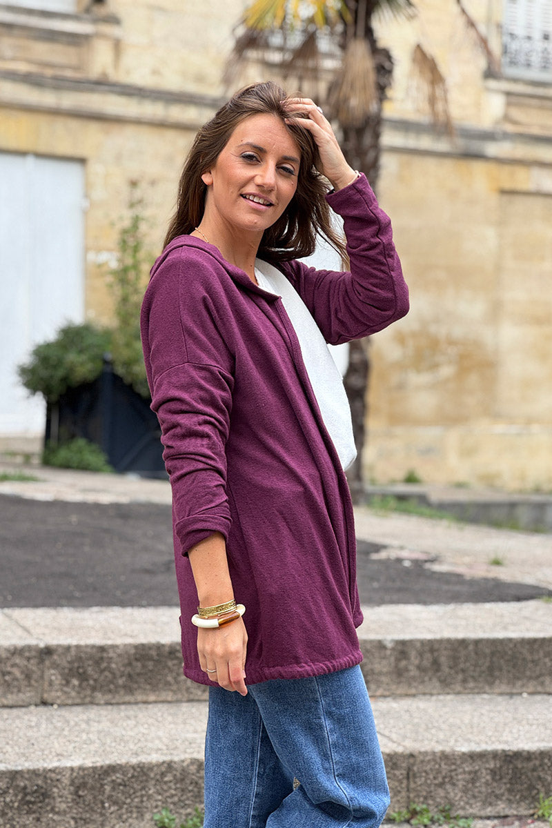 Burgundy Knit Hooded Cardigan