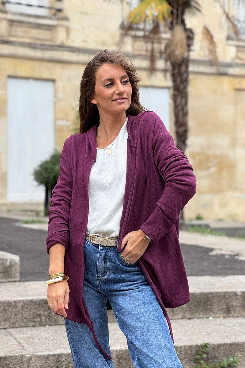 Burgundy Knit Hooded Cardigan
