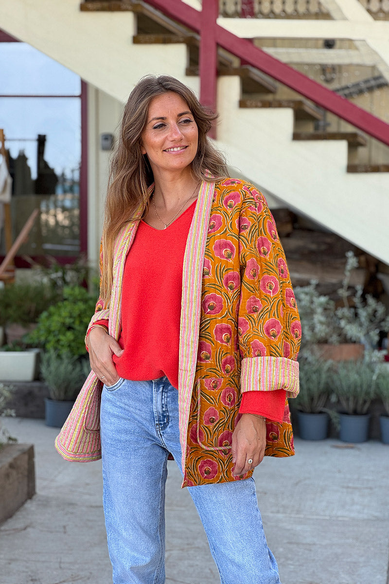 Mustard Floral Quilted Kimono Jacket