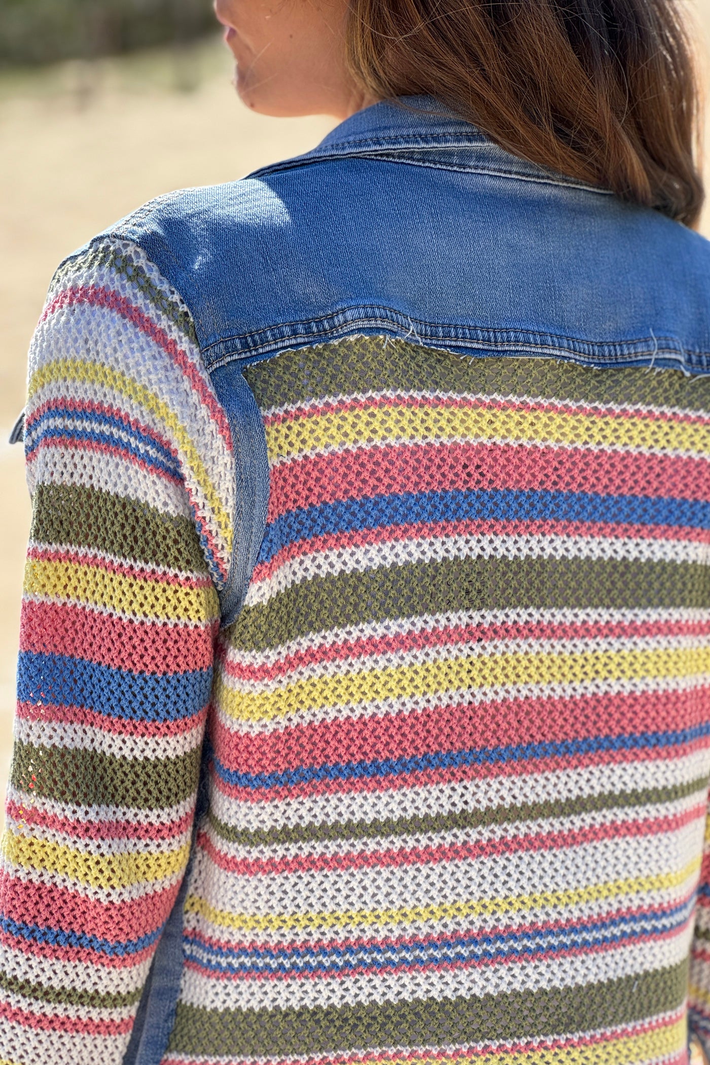 Blue Jean Denim and Crochet Stripe Jacket
