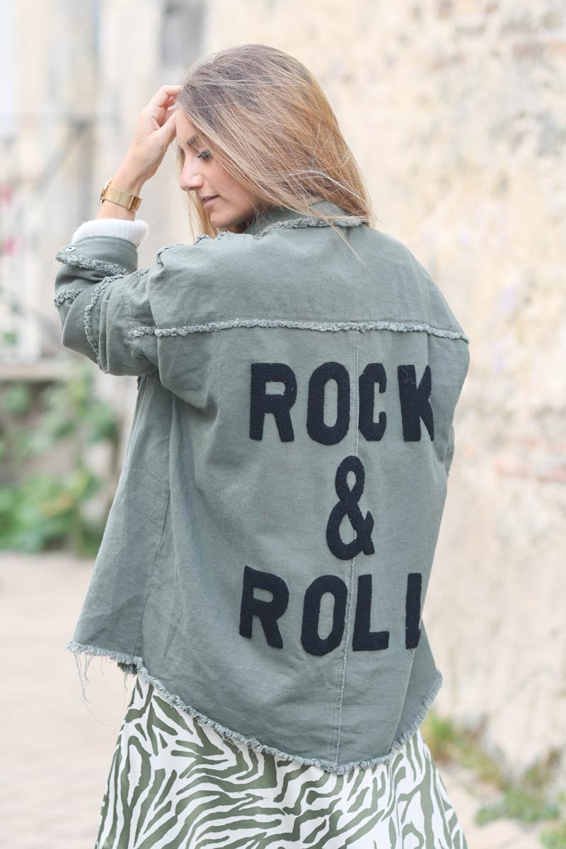 Veste en jean kaki souple petites franges dos Rock & Roll eponge e071 (1)