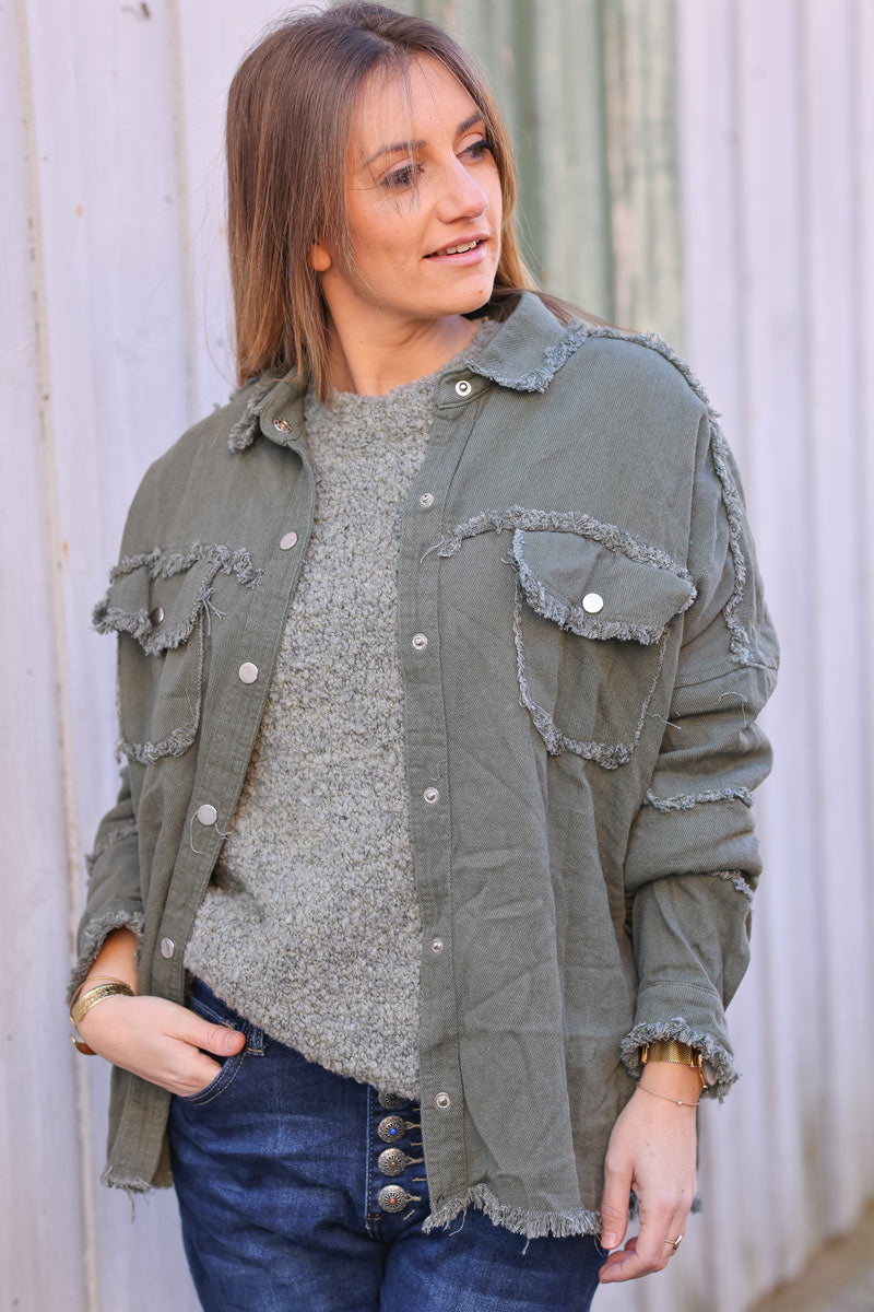 Veste en jean kaki oversize finitions franges Rock and Roll en bouclettes orange