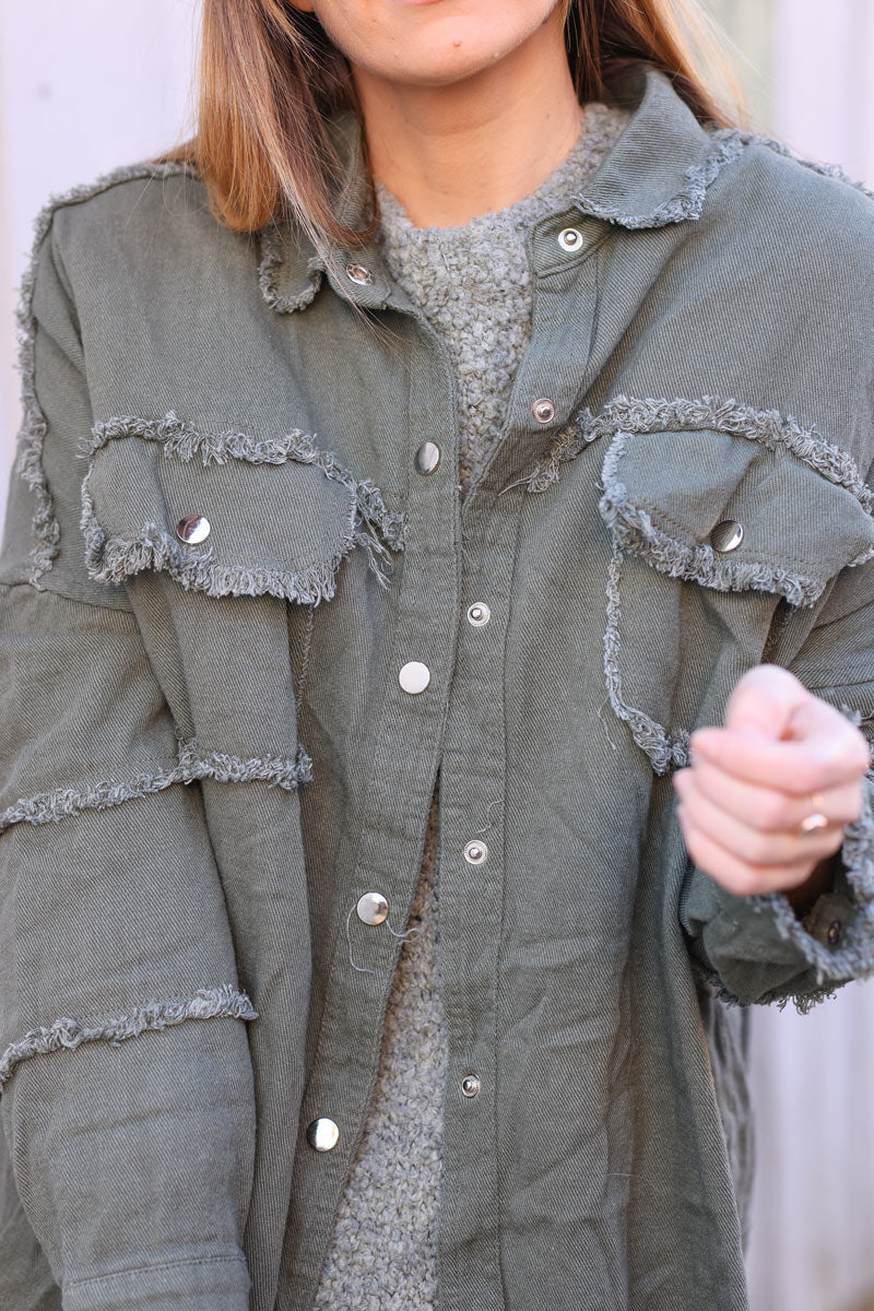 Veste en jean kaki oversize finitions franges Rock and Roll en bouclettes orange