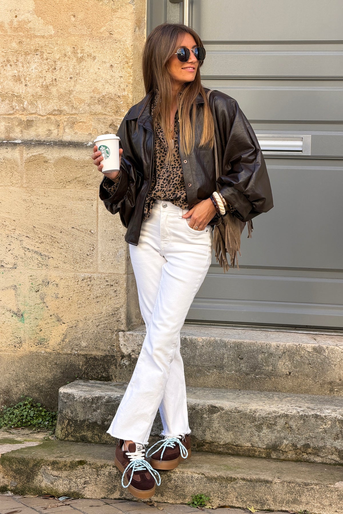Veste marron en simili cuir souple manches chauve souris