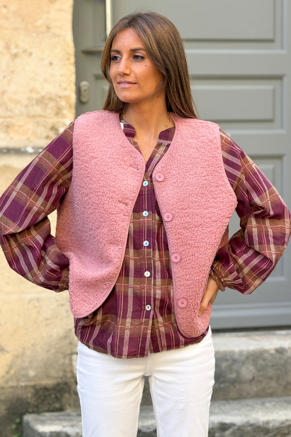 Pink Sherpa Button-Down Vest