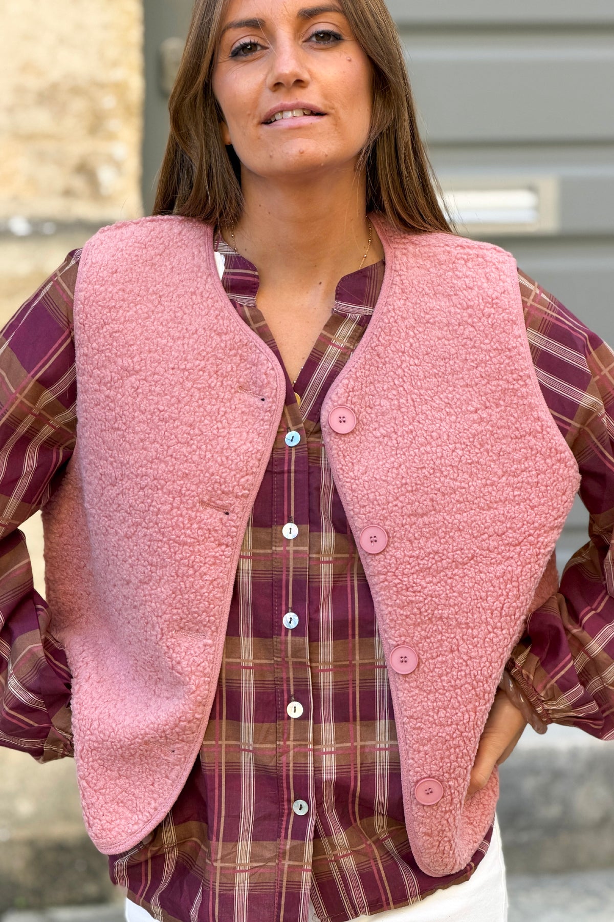 Pink Sherpa Button-Down Vest