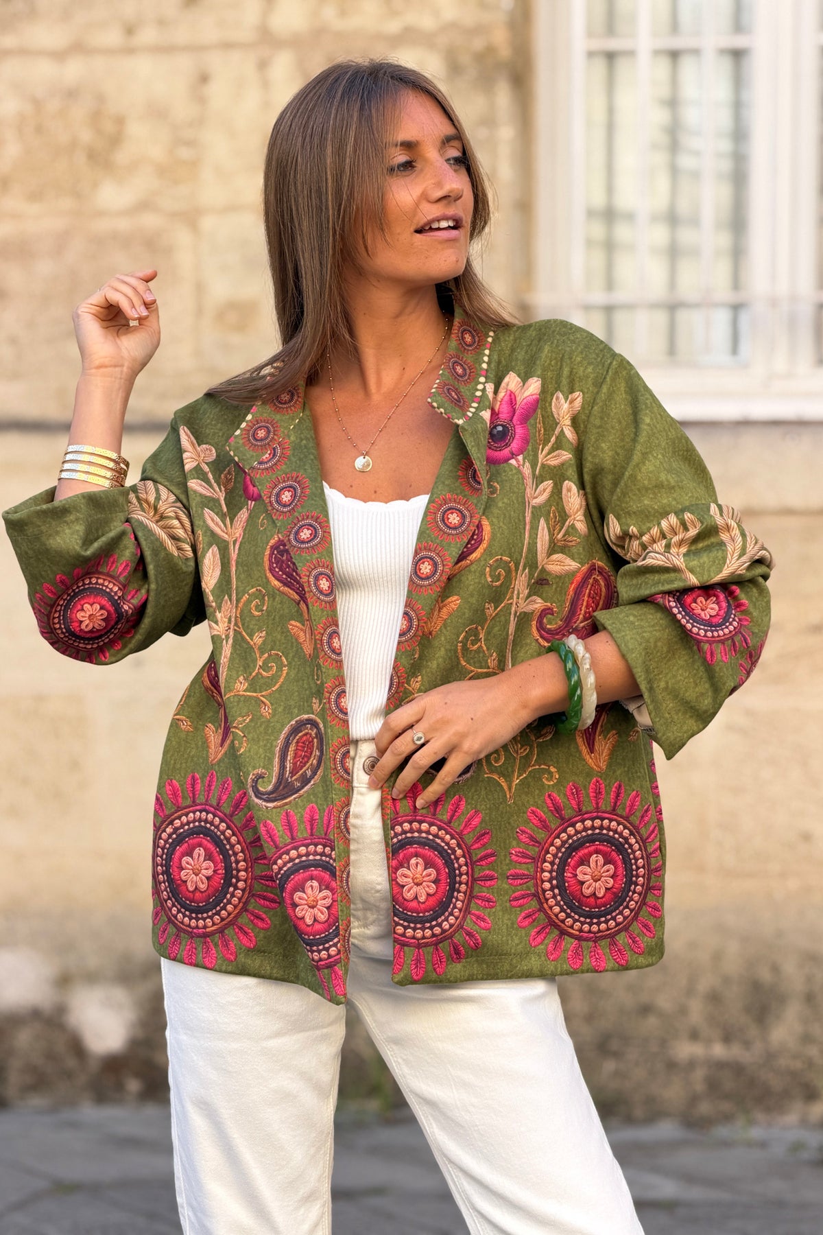 Veste souple en suédine kaki imprimé cachemire Paisley effet broderie