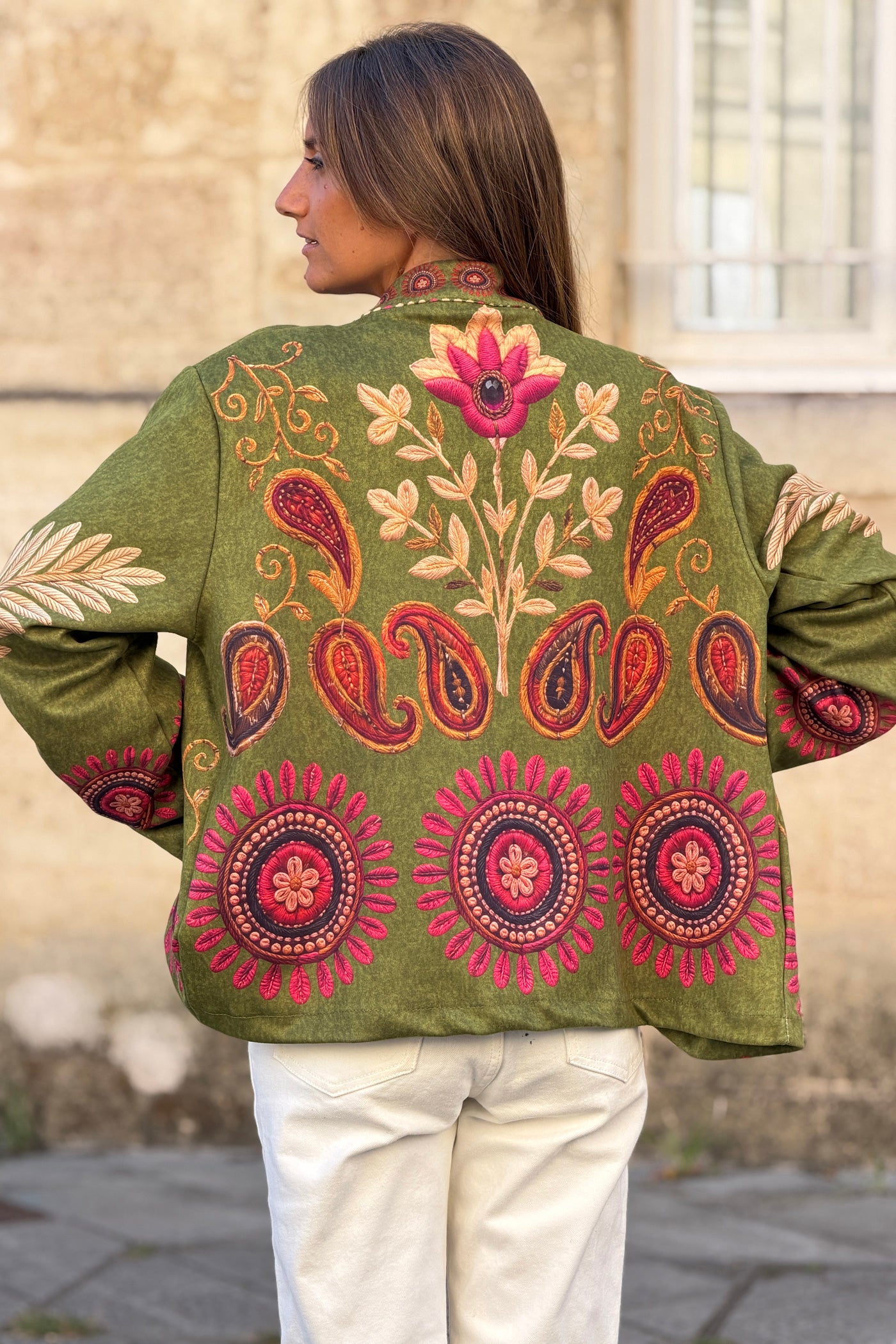 Veste souple en suédine kaki imprimé cachemire Paisley effet broderie