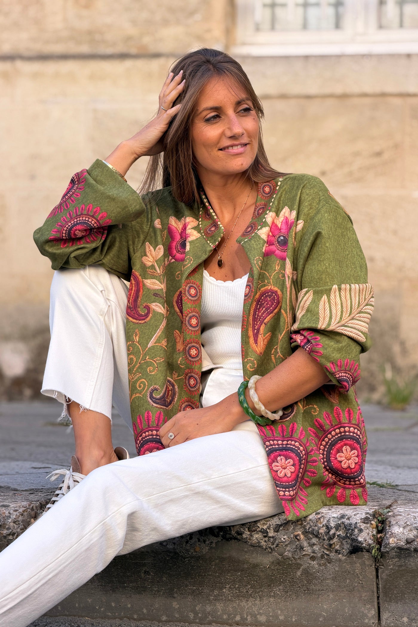 Veste souple en suédine kaki imprimé cachemire Paisley effet broderie