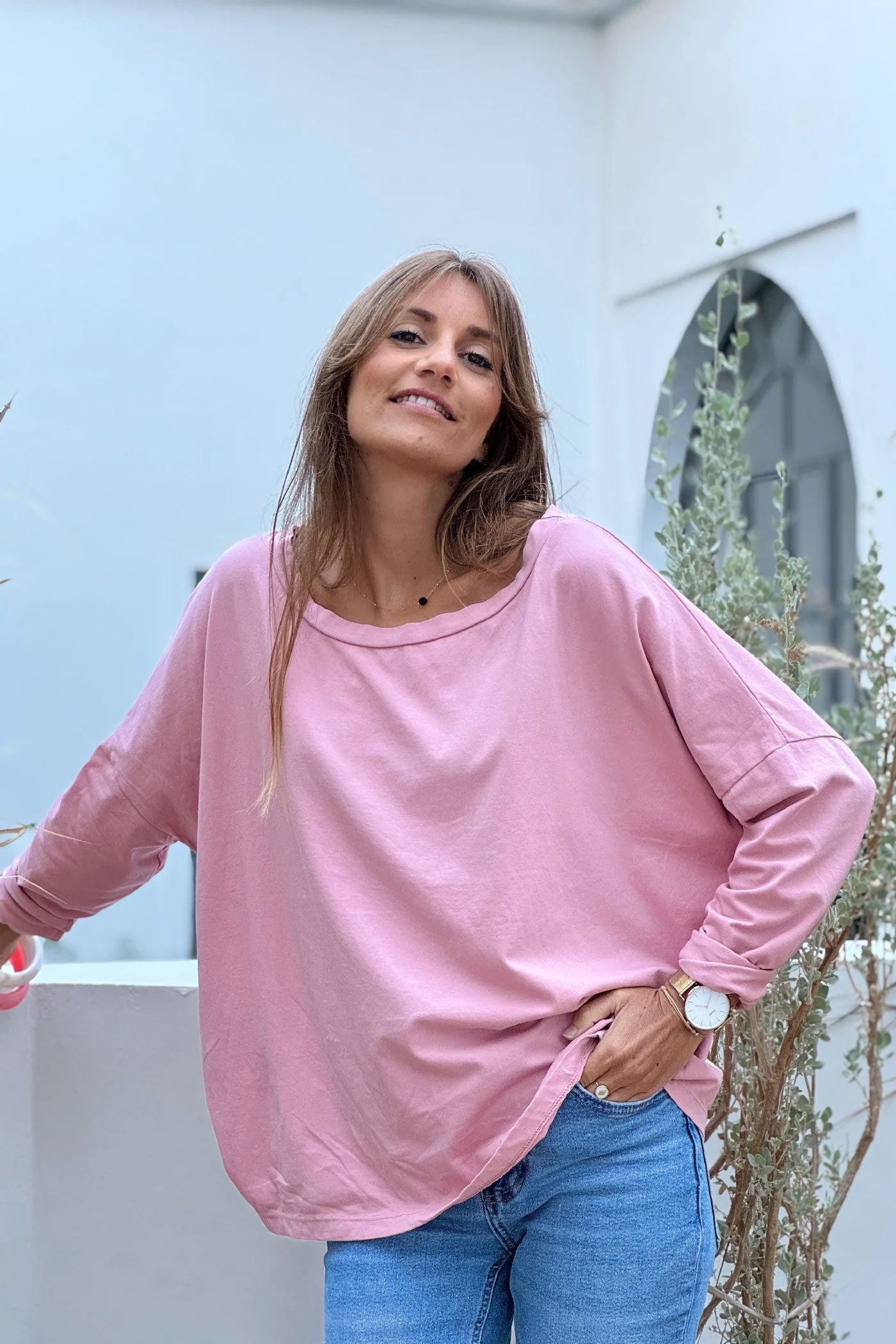 Baby Pink Boat Neck Long-Sleeve Jersey Tee