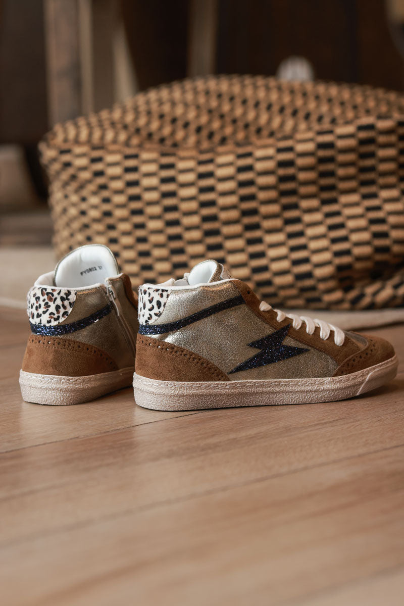 Gold Glitter Bolt and Leopard Print High-Top Sneakers