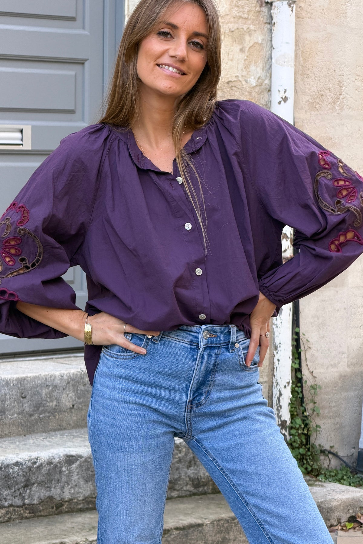 Aubergine Embroidered Cutout Sleeve Peasant Blouse
