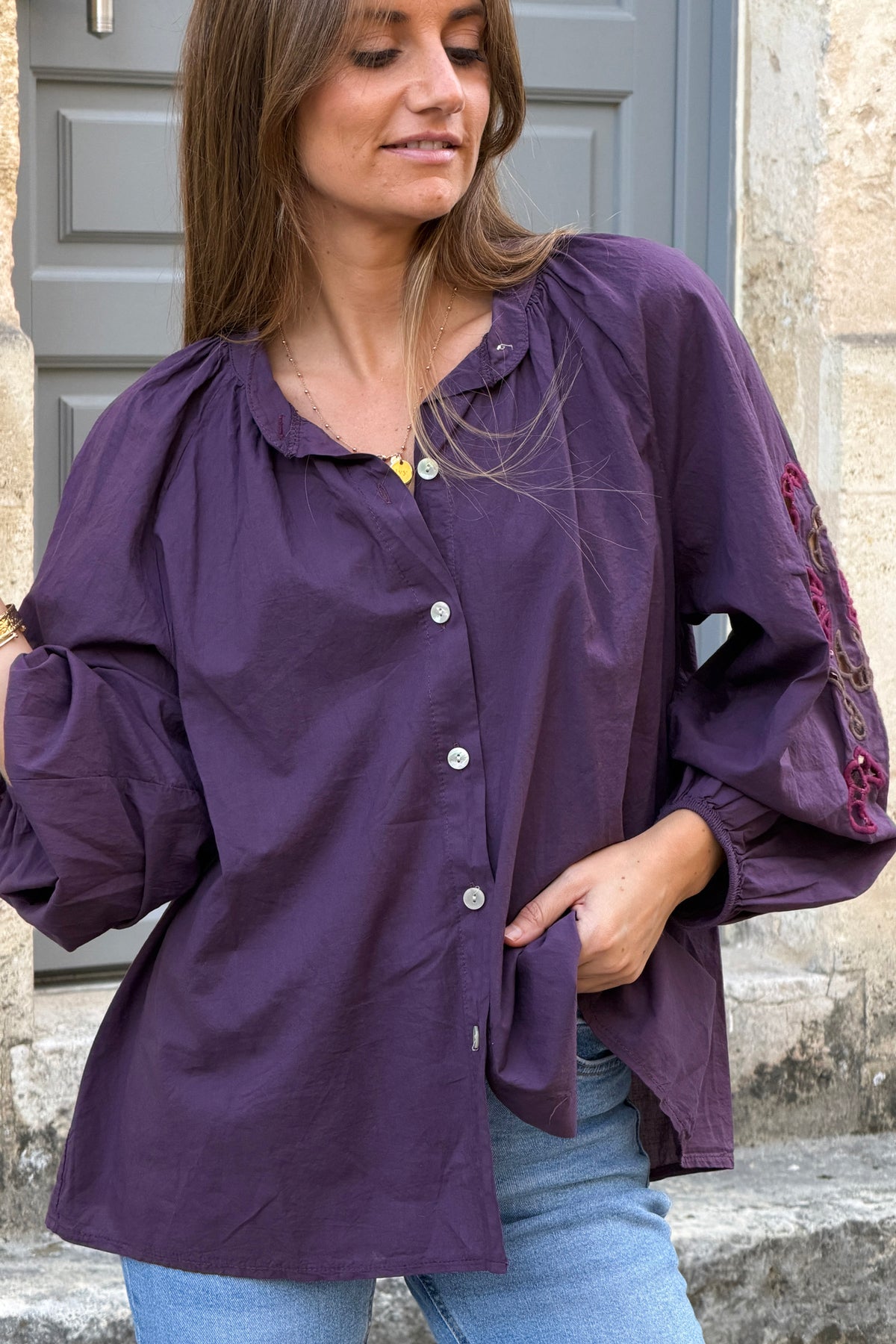 Aubergine Embroidered Cutout Sleeve Peasant Blouse
