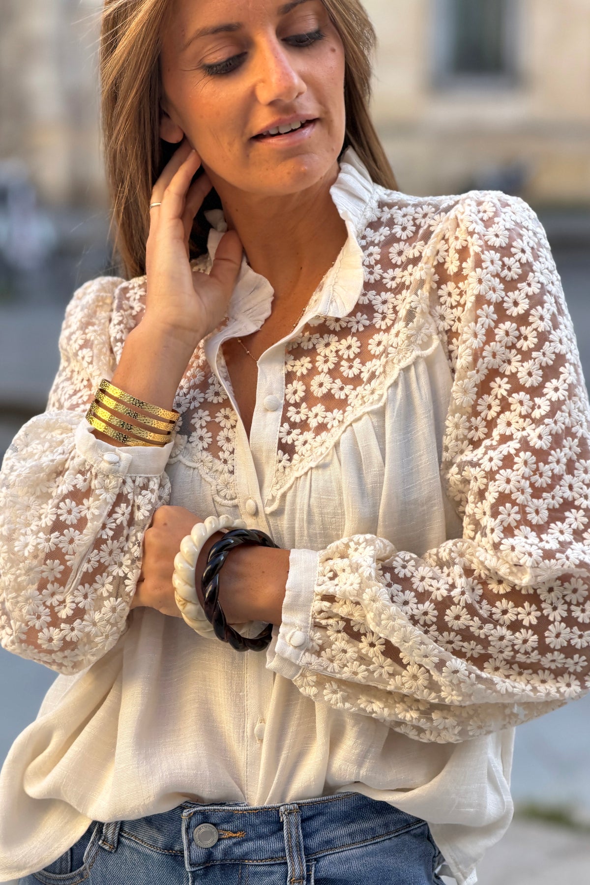 Cream Daisy Illusion Embroidered Gauze Blouse
