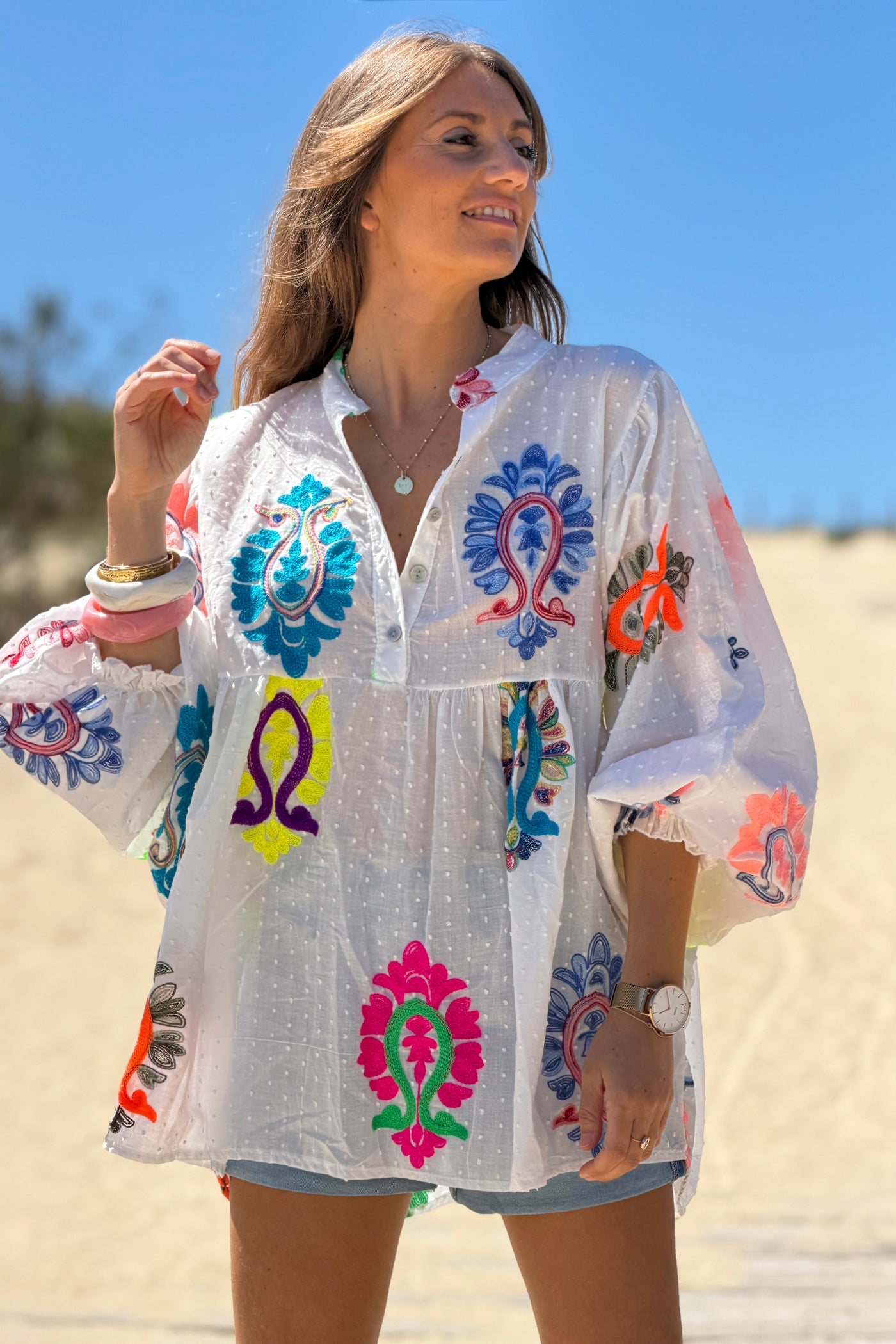White Swiss Dot Peasant Blouse with Medallion Print