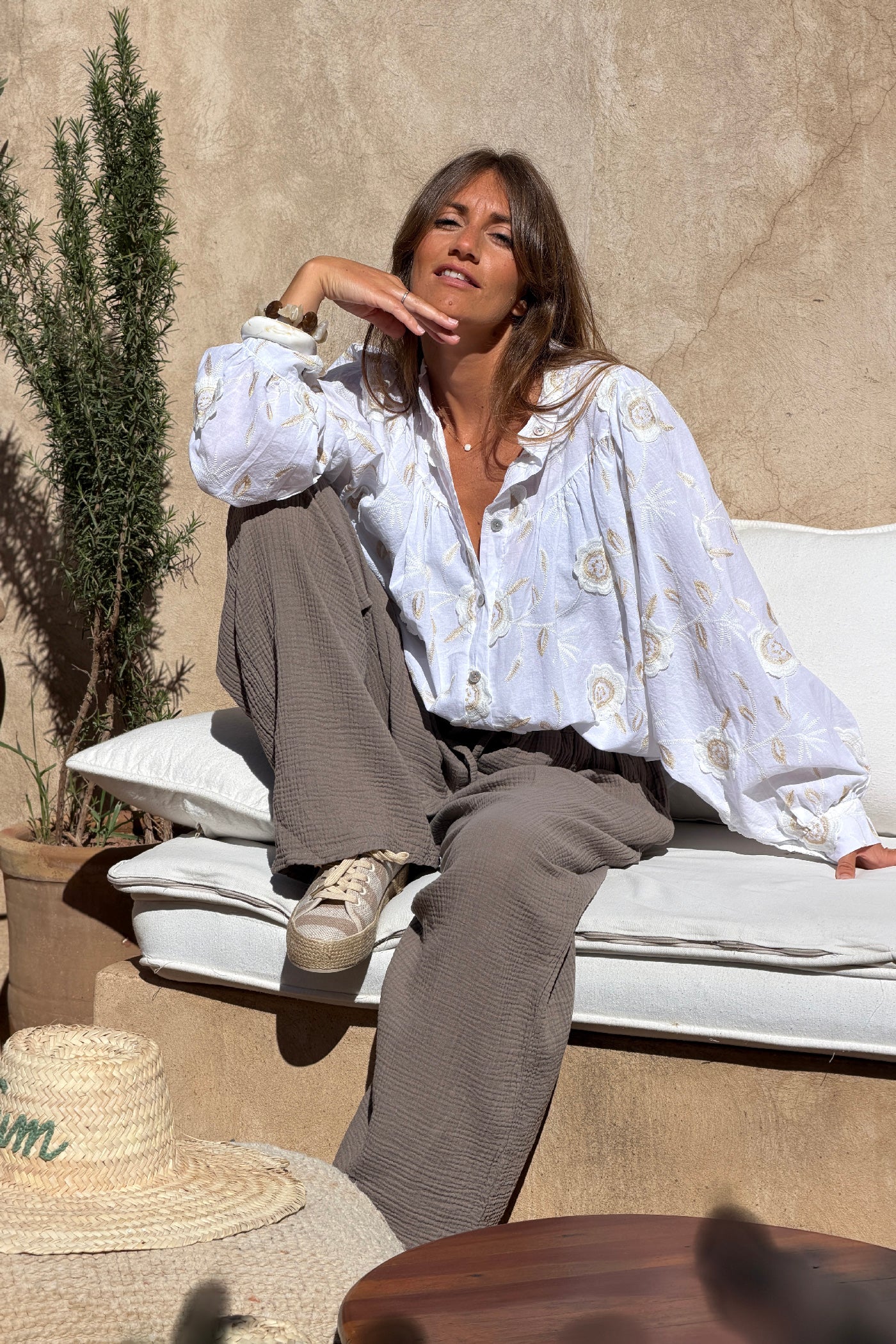 White Floral Embroidered Button-Down Peasant Blouse