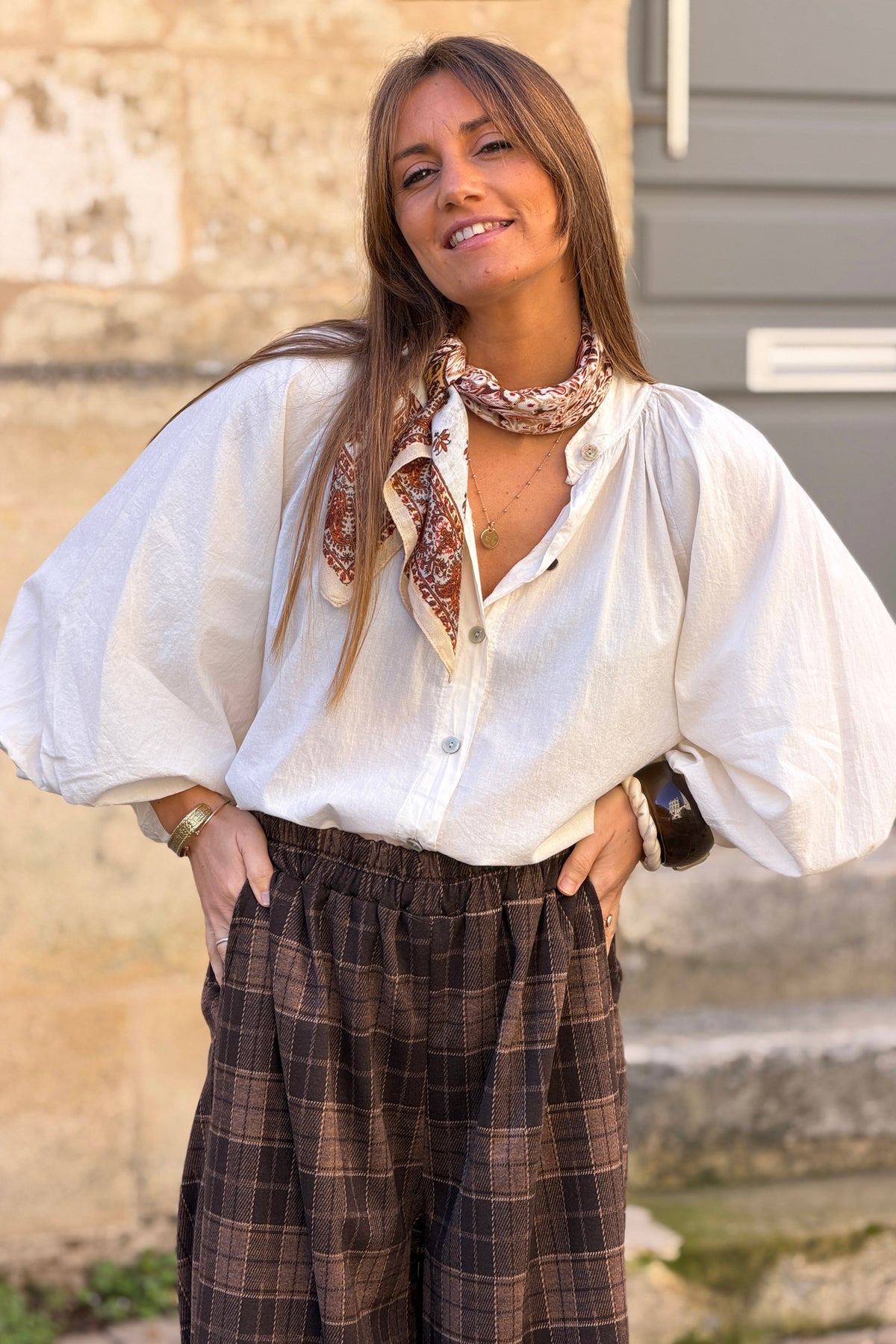 Cream Cotton Blouson Sleeve Blouse